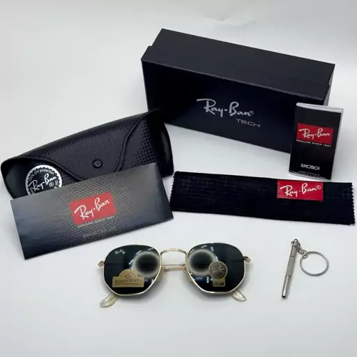 عینک ریبن هگزونال شیشه سنگ مشکی فریم طلایی به همراه پک کامل اصلی ریبن کد Rayban RB 3548