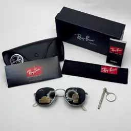 عینک ریبن هگزونال شیشه سنگ مشکی فریم نقره ای به همراه پک کامل اصلی ریبن کد Rayban RB 3548