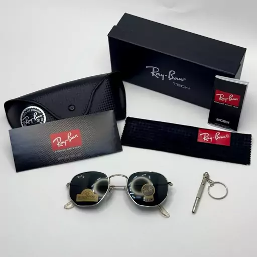 عینک ریبن هگزونال شیشه سنگ مشکی فریم نقره ای به همراه پک کامل اصلی ریبن کد Rayban RB 3548