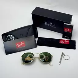 عینک ریبن هگزونال شیشه سنگ سیز فریم طلایی به همراه پک کامل اصلی ریبن کد Rayban RB 3548