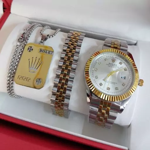 ست مردانه استیل گردنبند و پلاک آویز و دستبند همراه ساعت رولکس rolex رنگ کاملا ثابت کد MP