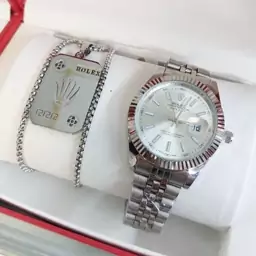 ست مردانه استیل گردنبند و پلاک آویز همراه ساعت رولکس rolex رنگ کاملا ثابت کد MP