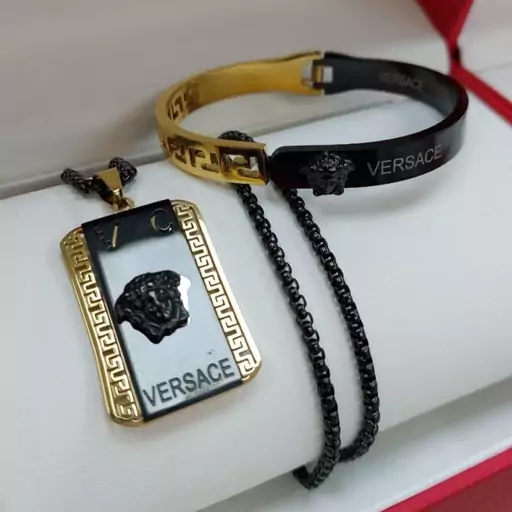 ست مردانه استیل گردنبند و پلاک آویز و دستبند ورساچ VERSACE لاکچری رنگ کاملا ثابت کد MP