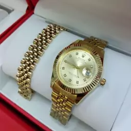 ست مردانه دستبند استیل همراه ساعت رولکس rolex طلایی رنگ کاملا ثابت کد MP