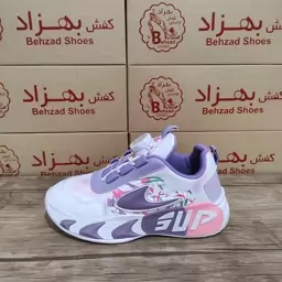 کتونی sup بچه گانه پسرانه دخترانه سایز 31 تا 36 رنگ سفید بنفش زیره پیو لژ 4 سانتی رویه چرم صنعتی بند پُمپی فنری