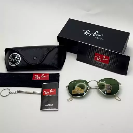 عینک ریبن هگزونال شیشه سنگ سبز فریم نقره ای به همراه پک کامل اصلی ریبن کد Rayban RB 3548