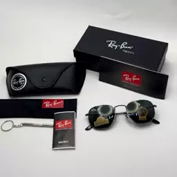 عینک ریبن هگزونال شیشه سنگ فریم نوک مدادی عدسی مشکی به همراه پک کامل اصلی ریبن کد Rayban RB 3548