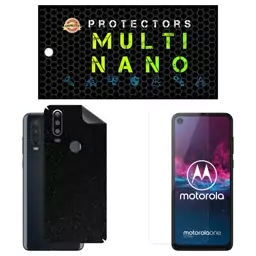 گلس محافظ صفحه نمایش گوشی موتورولا وان اکشن motorola one action بی رنگ شفاف به همراه برچسب ضد خش پشت کهکشانی مشکی