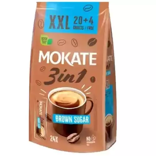 قهوه فوری 3 در 1 لهستان موکات Mokate  حاوی شکر Brown Sugar Roasted Coffee  قهوه ای بسته 24 عددی