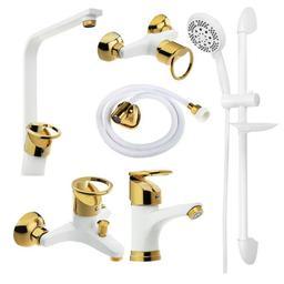 ست شیرآلات النگویی سفید طلایی به همراه علم دوش حمام و شلنگ توالت