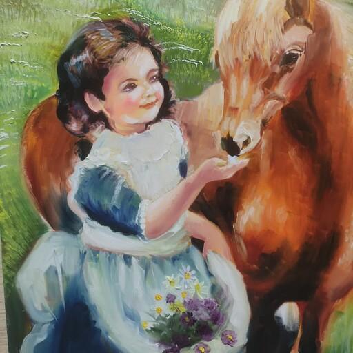 تابلوی نقاشی رنگ روغن دختر و اسب سایز 50در70