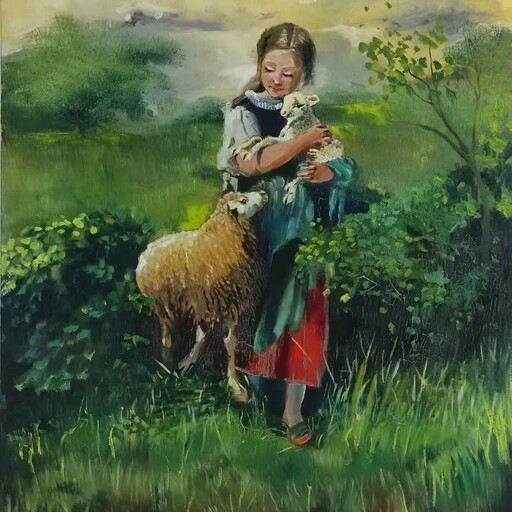 تابلوی نقاشی رنگ روغن از دختر ومنظره