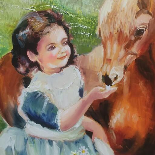 تابلوی نقاشی رنگ روغن دختر و اسب سایز 50در70