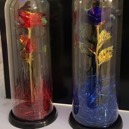 گل رز هفت رنگ گلکسی با حباب شیشه ای ارتفاع 30سانتی متر فقط رنگ آبی موجود است