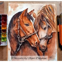تابلو نقاشی آبرنگ طرح اسبهای عاشق. بهترین گزینه برای بالا بردن سطح انرژی عشق