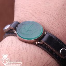 دستبند عقیق سبز  نقش محمد رسول الله  چرم گاوی طبیعی ارسال رایگان 