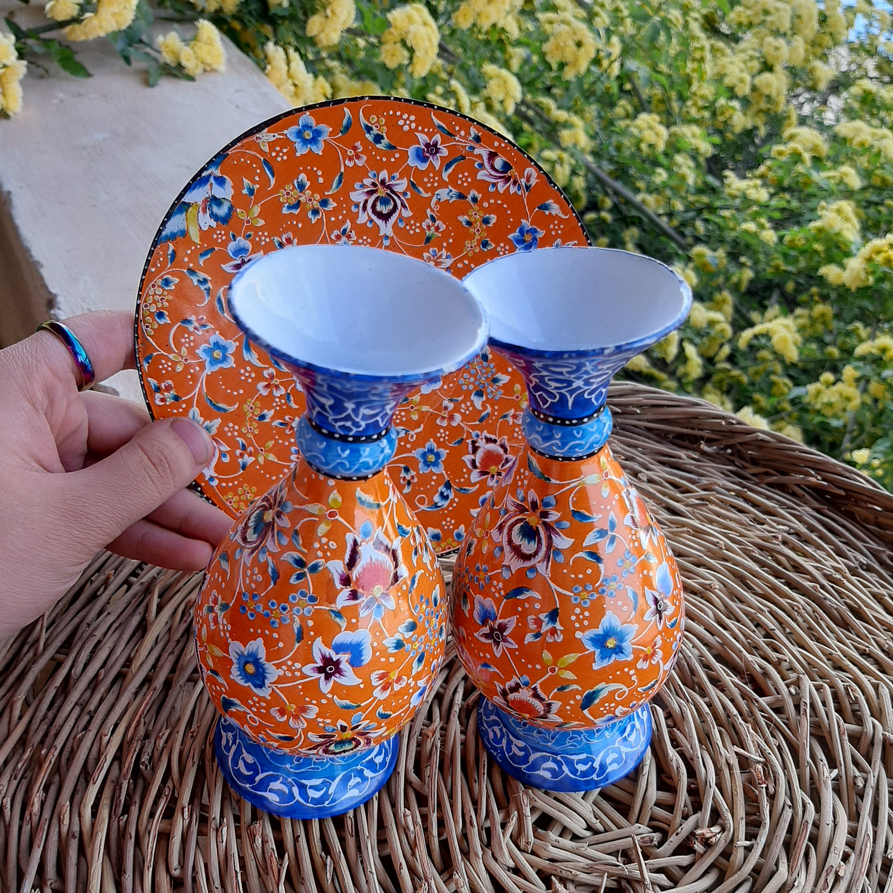 ست بشقاب و گلدان_میناکاری رنگین قلم