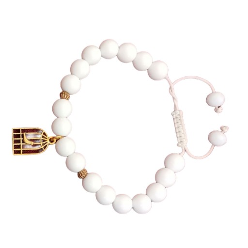 دستبند زنانه با سنگ انیکس سفید رنگ سایز متوسط از نوع گره ای با آویز