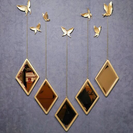 آینه لوزی 5تیکه زنجیردار رنگ طلایی مبلی با کیفیت به همراه 7عدد پروانه طلایی