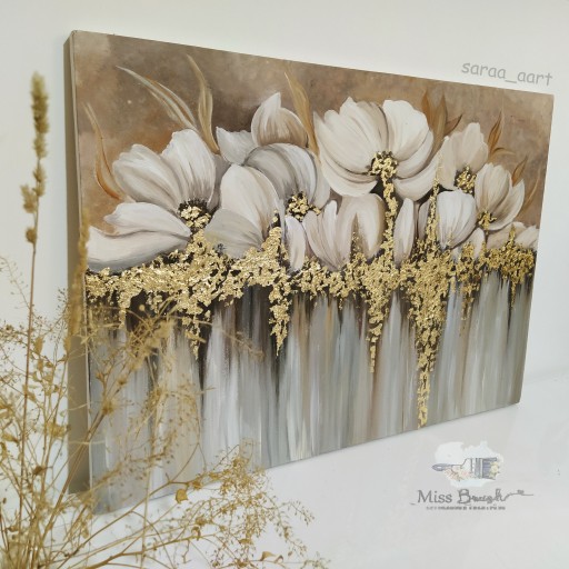 تابلو مدرن گل آبشاری کار شده با ورق طلا (100*70 سانتیمتر )