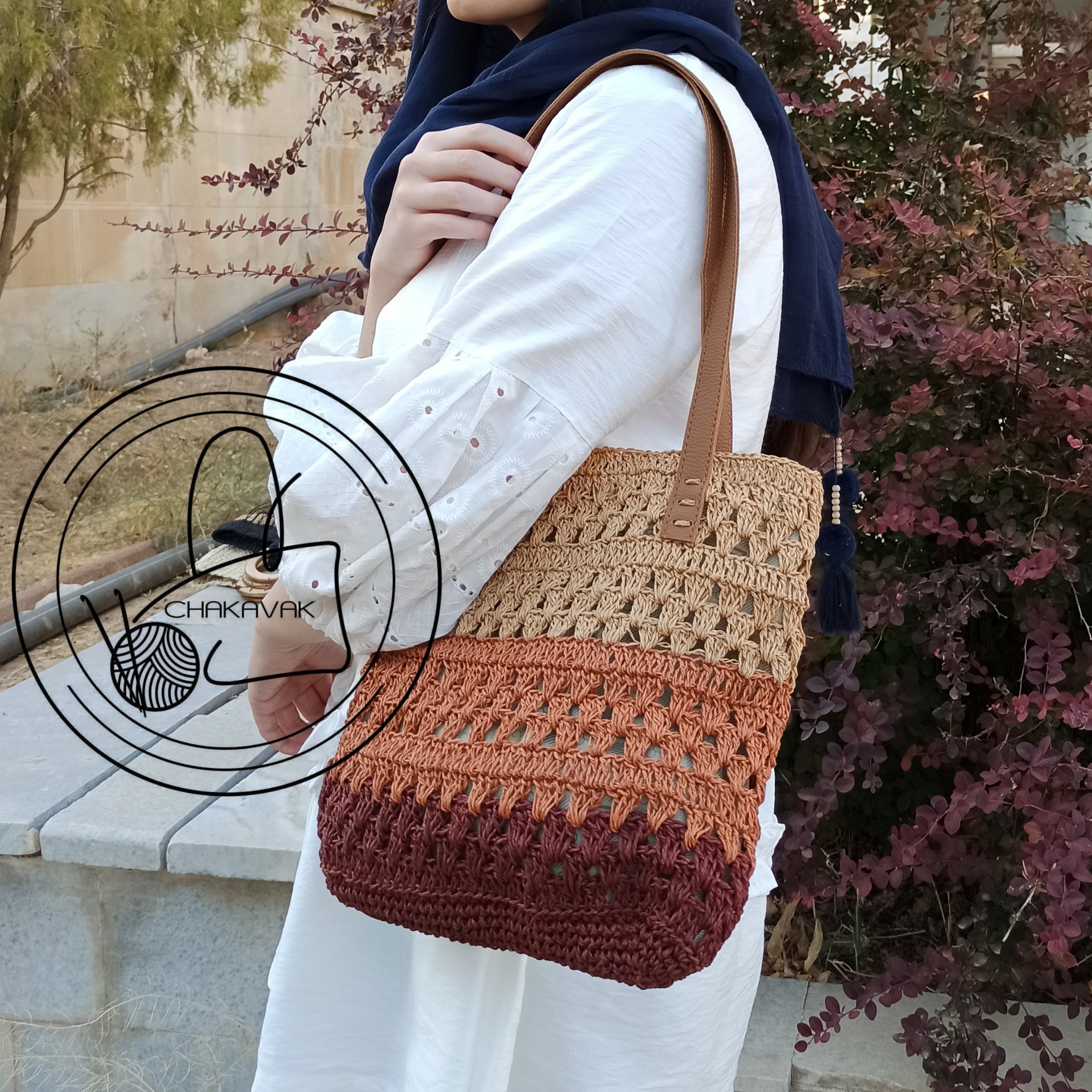 کیف بافتنی دستبافت رافیا سه رنگ مدل آستردار