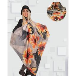 روسری زنانه نخی اسلپ  زمینه مشکی طوسی با گل زرد  آفتابگردون قواره 130 