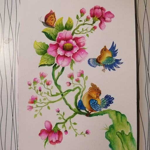 تابلو گل و مرغ با تکنیک آبرنگ