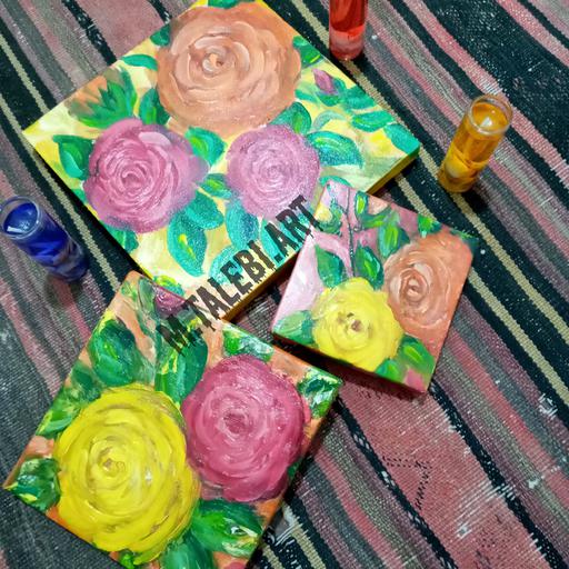 تابلو نقاشی رنگ روغن گلهای  3 لت روی بوم های  10×10  و15×15  و 20×20  cm