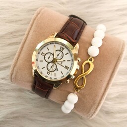 ست ساعت زنانه بندچرمی مارک رومانسون و دستبند مهره سفید
دارای تقویم