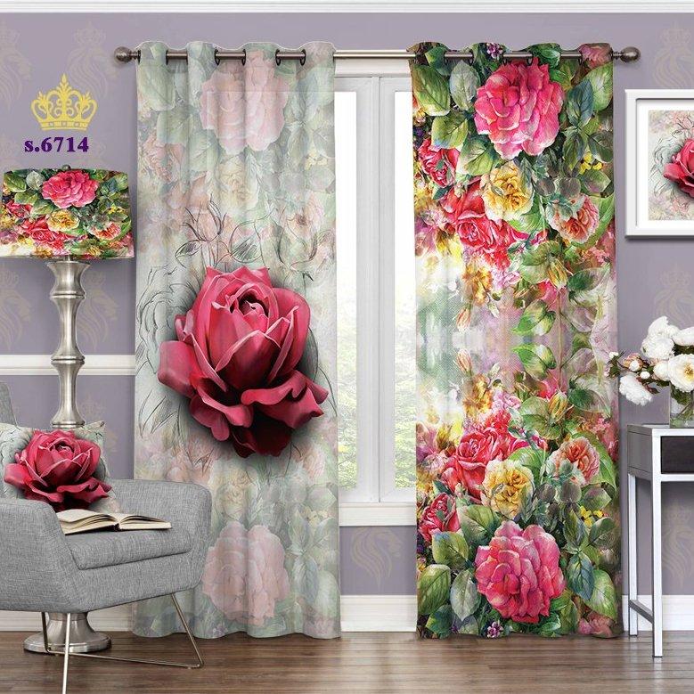پرده اتاق خواب دو قواره پانچ گلدار طرح گلهای رُز رنگی کد S6714