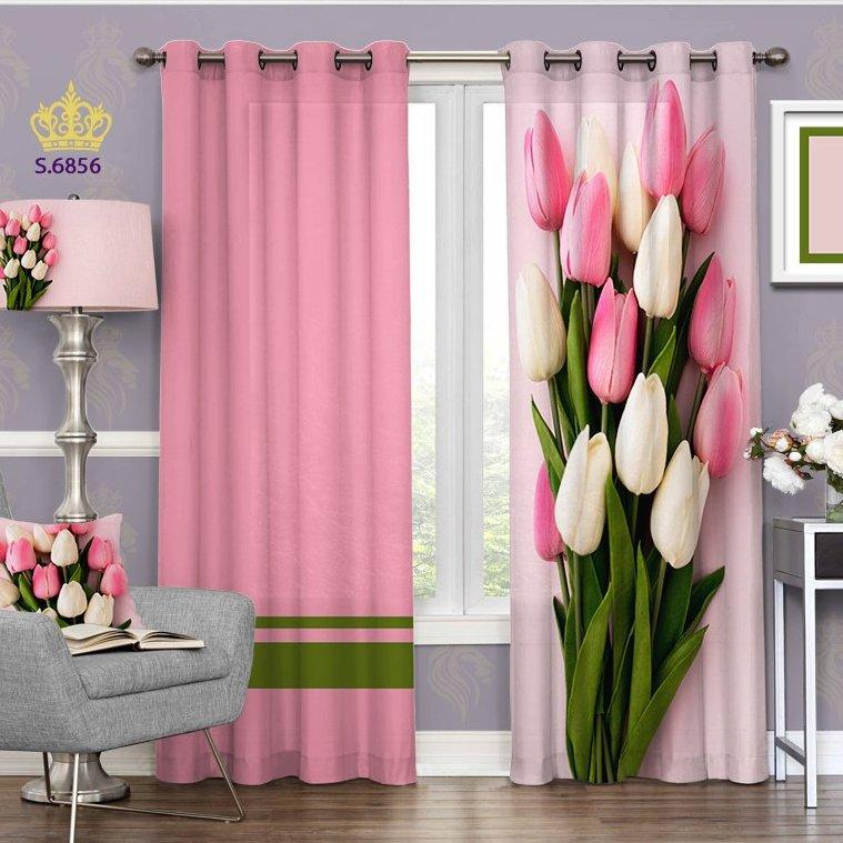 پرده اتاق خواب دو قواره پانچ گلدار طرح دسته گل زیبای لاله کد S6856