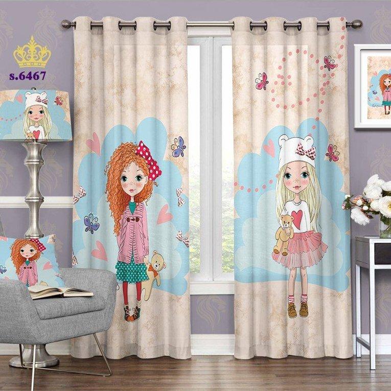 پرده اتاق خواب کودک دخترانه دو قواره پانچ طرح دختر و عروسک کد S6467