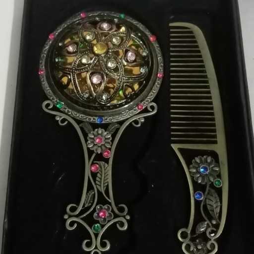 شانه و آینه سنتی فلزی جواهر نشان