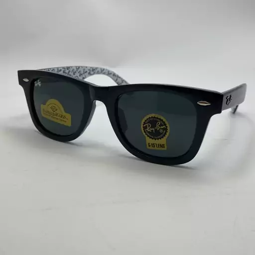 عینک ویفرر ریبن Reyban WAYFARER مشکی براق دسته طرح دار شیشه سنگ نشکن زد خش با پک کامل اورجینال 