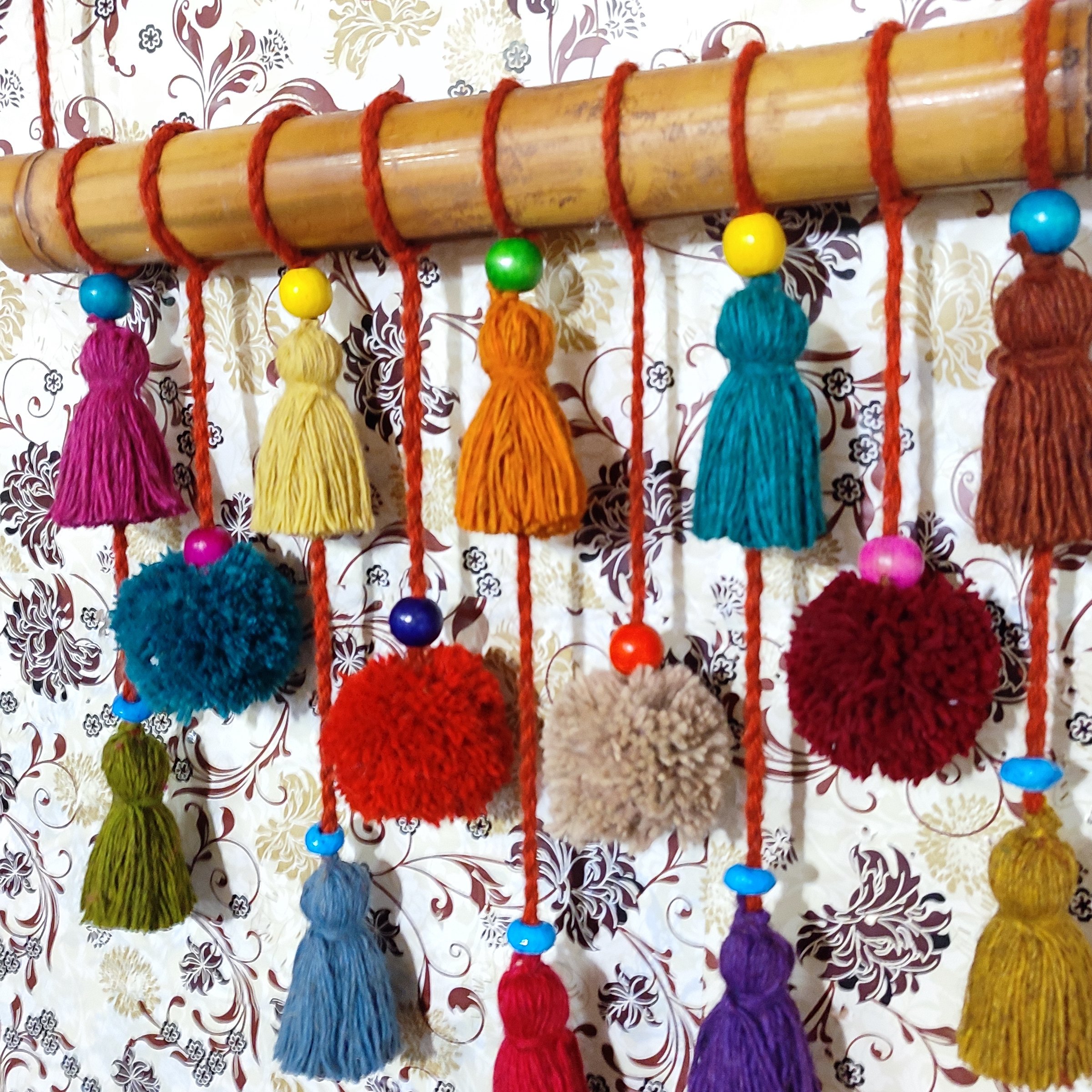 دیوارکوب بامبو منگوله دار و مهره چوبی  سایز35در40