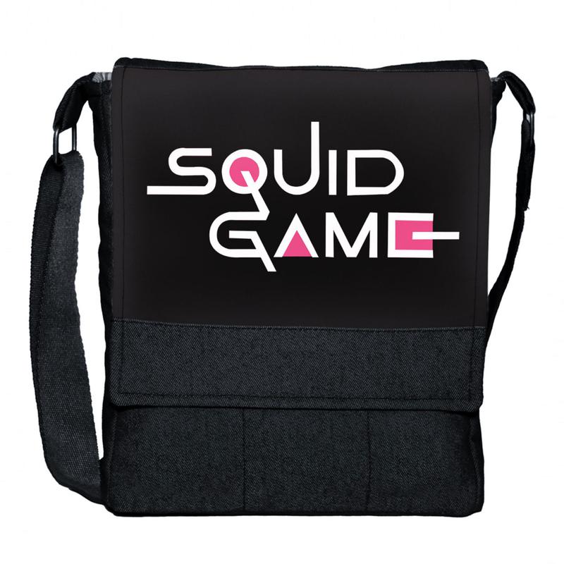 کیف دوشی چی چاپ طرح اسکویید گیم Squid Game با پارچه جین مشکی کد بازی مرکب