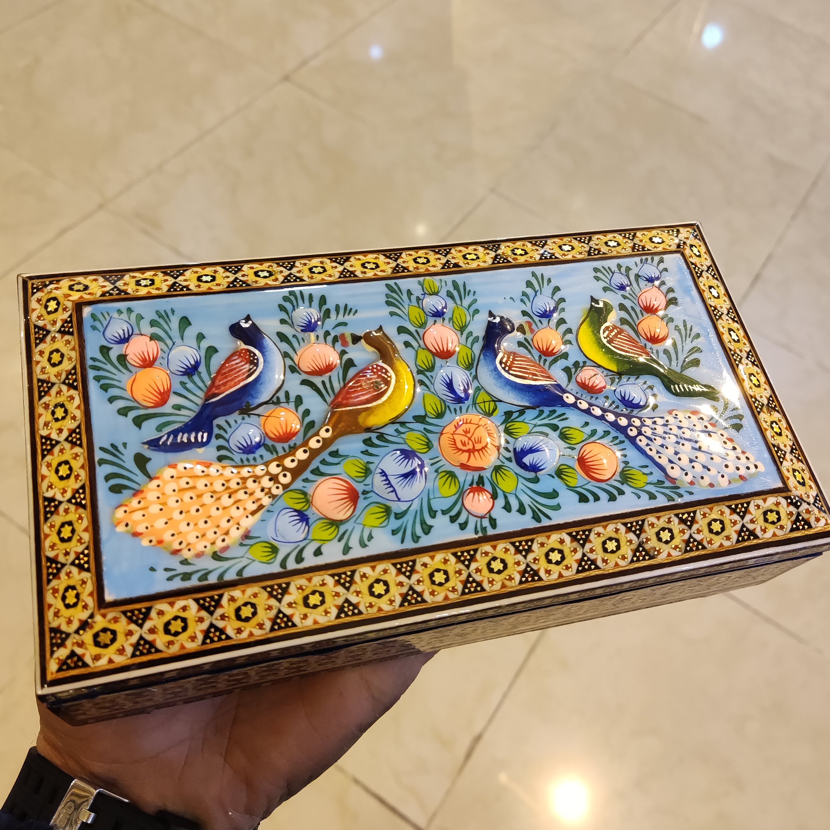 جعبه نقاشی مینیاتور گل و مرغ و خاتم استخوانی 21 در 11