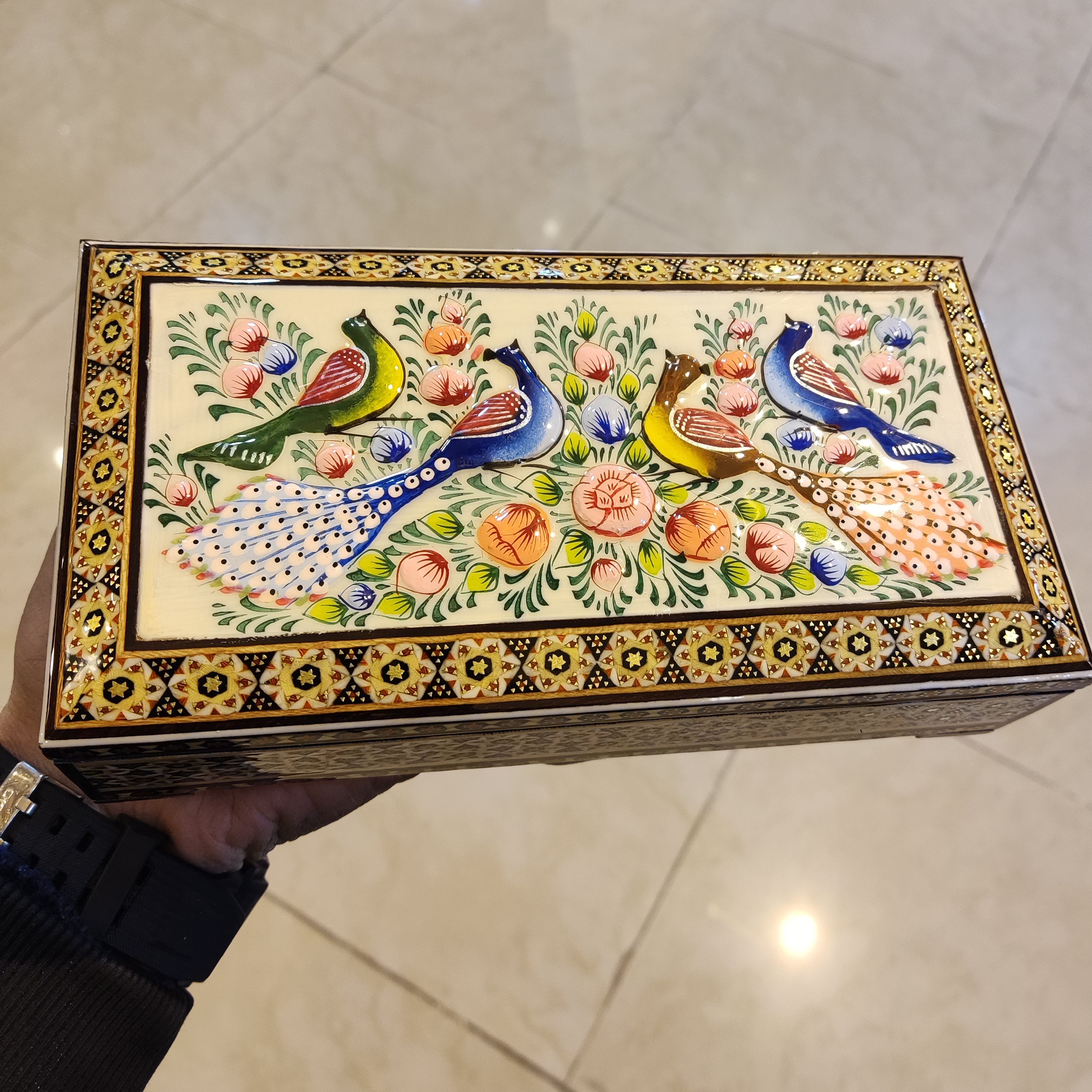 جعبه نقاشی مینیاتور گل و مرغ و خاتم استخوانی 21 در 11