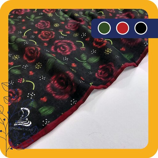 روسری نخی خاص  با طرح  اختصاصی روحینو  رنگ مشکی با گل های رز  قرمز  زیبا  قواره بزرگ ( 140 )