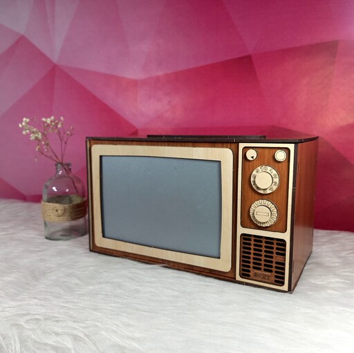 تلویزیون چوبی دکوری-جادستمال کاغذی تلویزیون قدیمی-ماکت تلویزیون چوبی-ماکت گلدونه