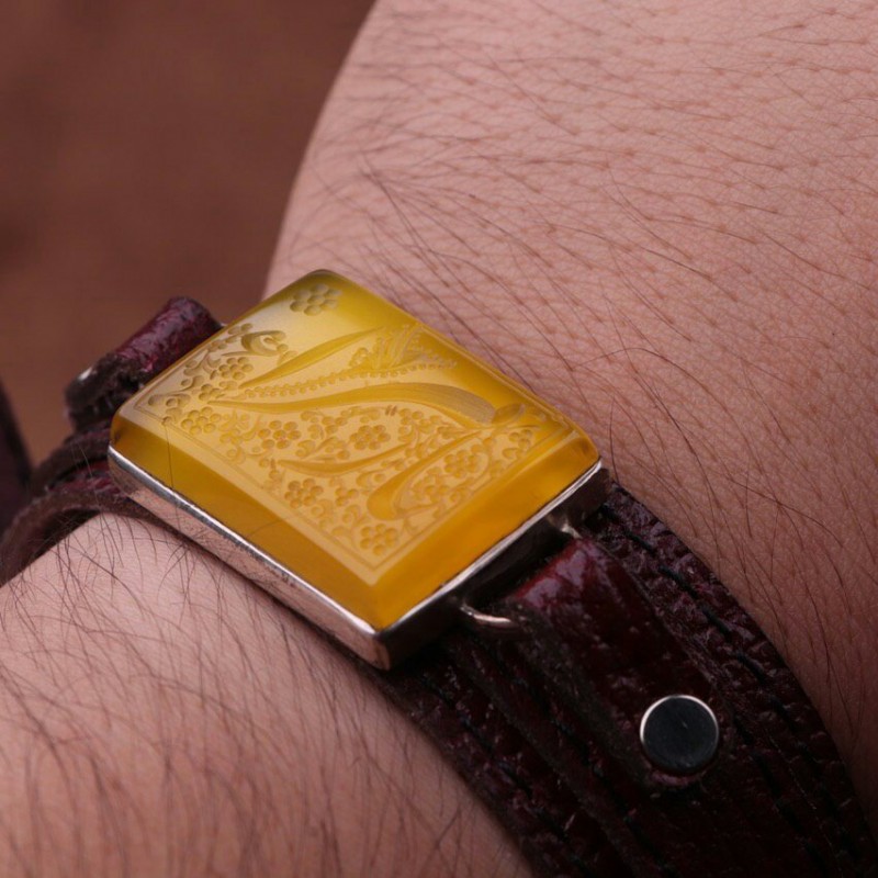 دستبند چرم طبیعی مردانه عقیق زرد یازهرا