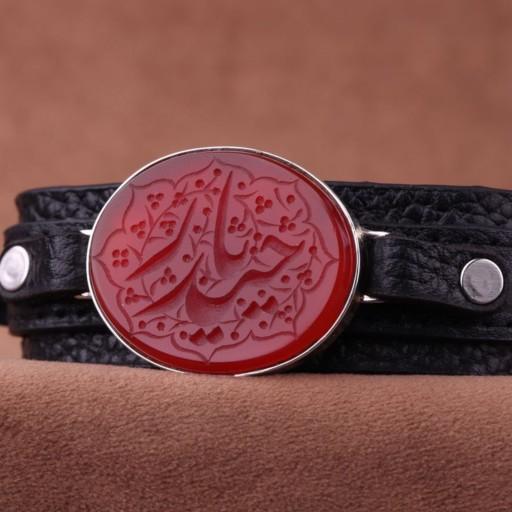 دستبند عقیق سرخ نقش یاحیدر مردانه اصل ( دستبند مردانه )