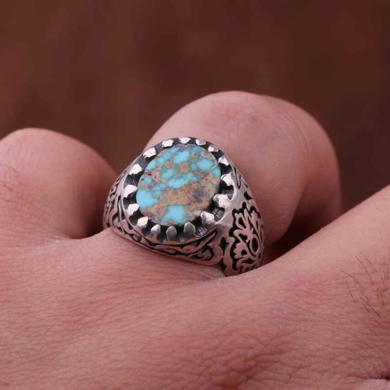 انگشتر فیروزه رگه دار معدنی زیبای اصل ( انگشتر مردانه )