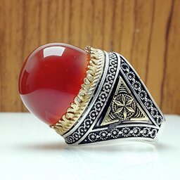 انگشتر نقره زیبای مردانه تاج طلایی با نگین عقیق سرخ دامله اصل و معدنی