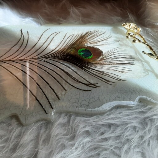 سینی تمام رزین با  دستگیره برنجی  طرح طاووس پر طاووس طبیعی میباشد