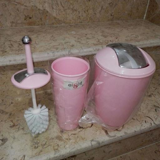 سرویس سطل زباله بادبزنی و توالت شور رنگ صورتی پاستیلی