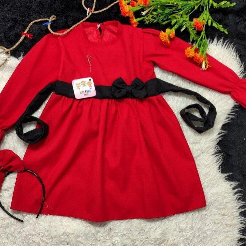 پیراهن مجلسی یلدایی  دخترانه جنس مخمل میکرو تک رنگ  به همراه تل اشانتیون قرمز  سایزبندی از یکسال تا ده سال 