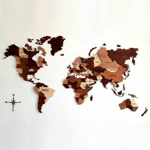 تابلو و استیکر دیواری نقشه جهان پازلی برجسته چوبی با حک مرز و نام کشورها