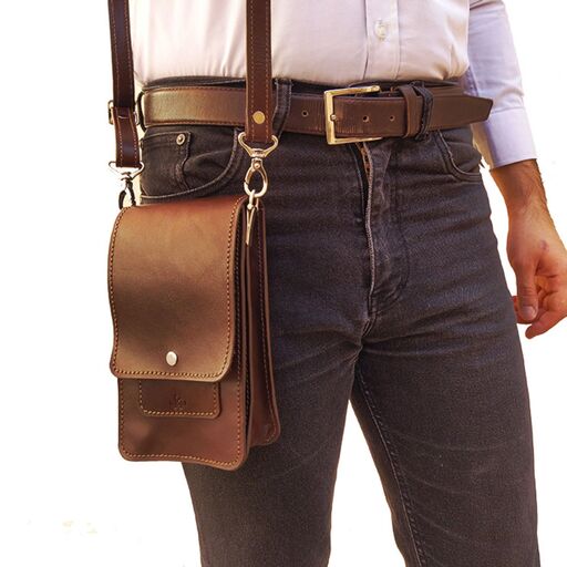 کیف کمری دوشی چرم طبیعی G-111 مخصوص موبایل پاوربانک (چرم گاوی قهوه ای)