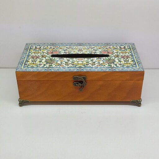 جعبه دستمال چوبی دکوپاژ دست‌ساز ایرانی